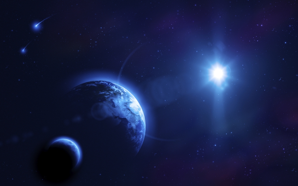 Planet Earth & Its Moon in Outer Space Against Star Field Falling Meteorites & Sun Poster Print