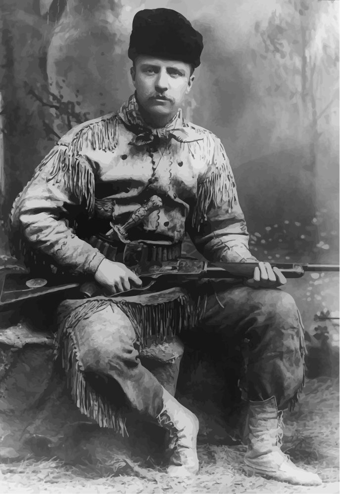 Picture of Digitally Restored Vector Portrait of A Young Theodore Roosevelt with His High-Decorated Deer-Skin Hunting Suit & Carved Tiffany Hunting Knife & Rifle. Circa 1885 Poster Print, 11 x 17