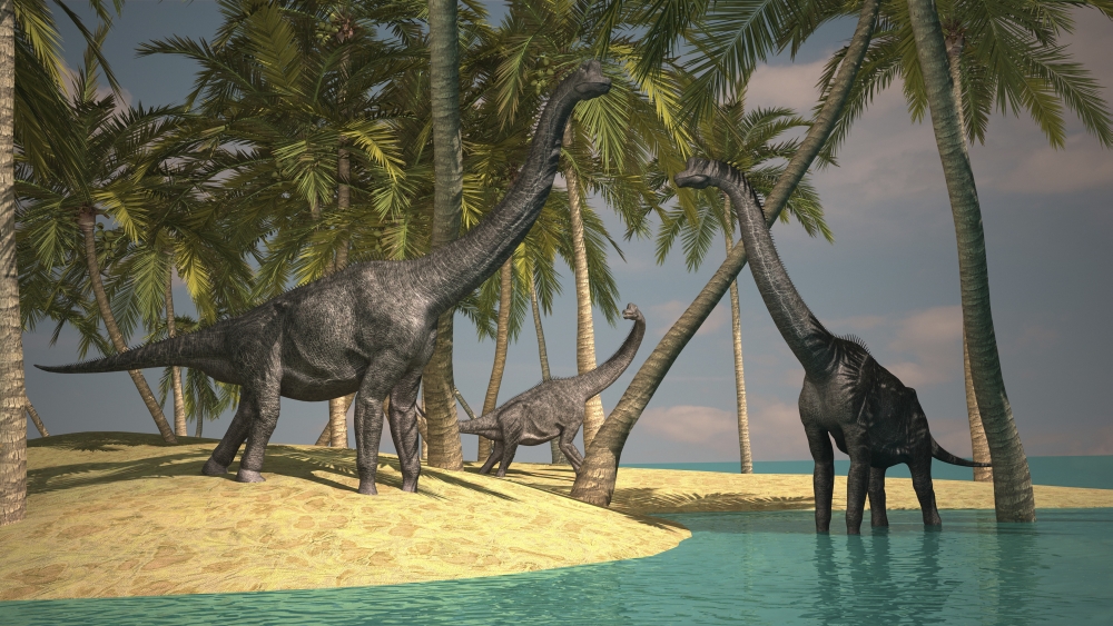 Brachiosaurus Dinosaurs Grazing At The Waters Edge Poster Print, 18 x 10