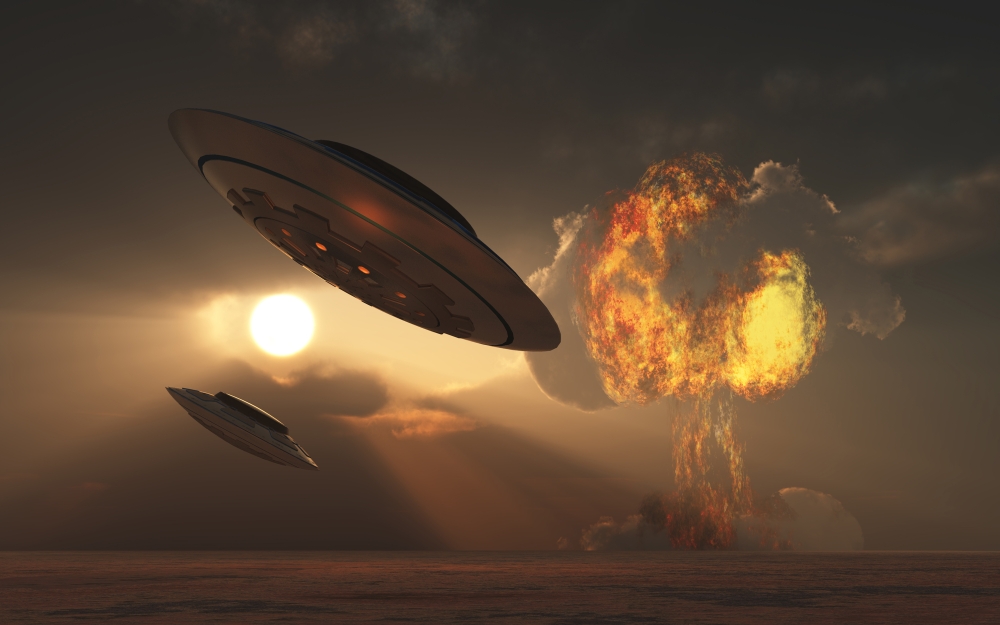 Picture of StockTrek Images PSTMAS200020S A Pair of Ufos with A Nuclear Explosion in Background Poster Print&#44; 18 x 11