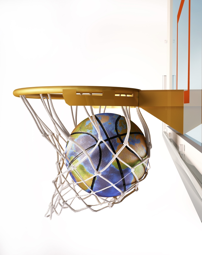 3D Rendering of Basketball with Earth Globe Texture Falling Into A Basketball Hoop Poster Print