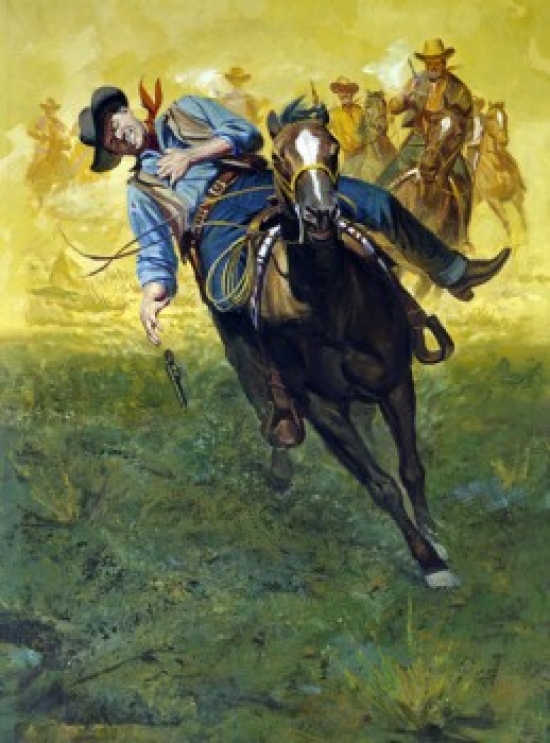 Cowboy On Horseback with Enemy Chasing Poster Print - 18 x 24