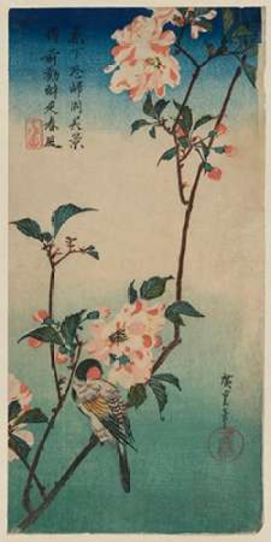 Bentley Global Arts PDX374928SMALL Small Bird On A Branch of Kaidozakura Poster Print by Ando Hiroshige, 10 x 20 - Small