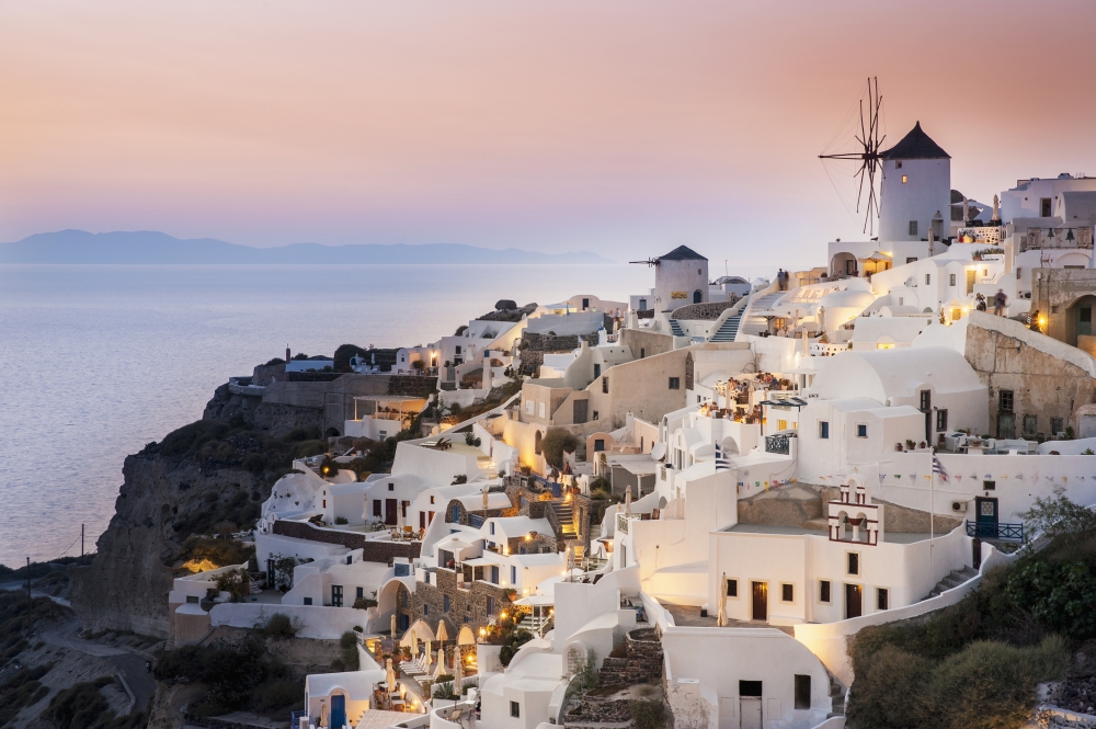 DPI12254304LARGE Whitewash Buildings & Windmill at Dusk - Oia Santorini Greece Poster Print - 38 x 24 in. - Large