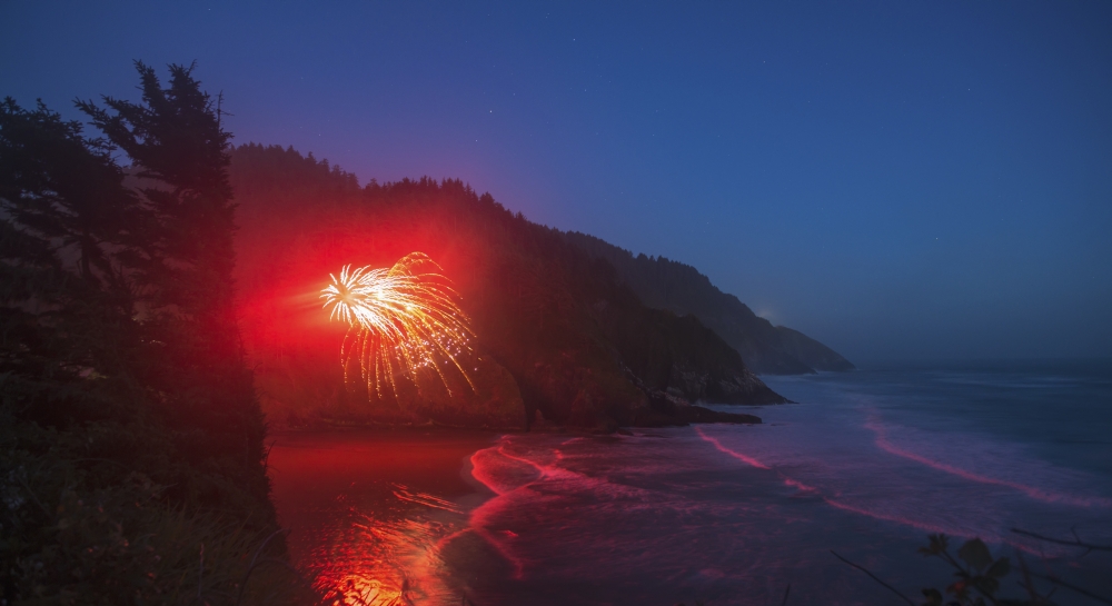 DPI12254896LARGE Fireworks Erupting From The Beach Along The Oregon Coast - Oregon United States of America Poster Print - 42 x 22 in. - Large