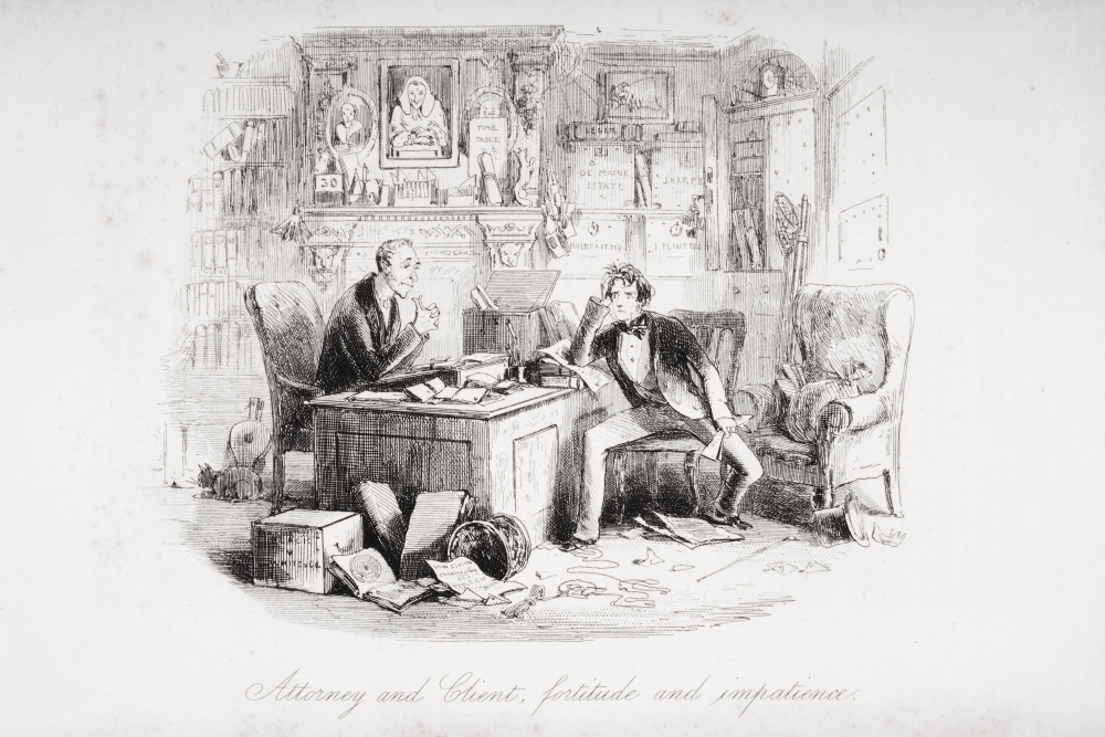 Picture of Attorney & Client Fortitude & Impatience. Illustration by Phiz, Hablot Knight Browne 1815-1882 From The Book Bleak House by Charles Dickens. Published London 1853 Poster Print, 18 x 12