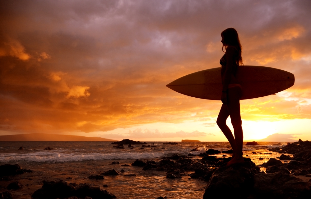 Picture of Design Pics DPI1966827 Hawaii Maui Makena Silhouette of Surfer Girl At Sunset Poster Print, 18 x 12