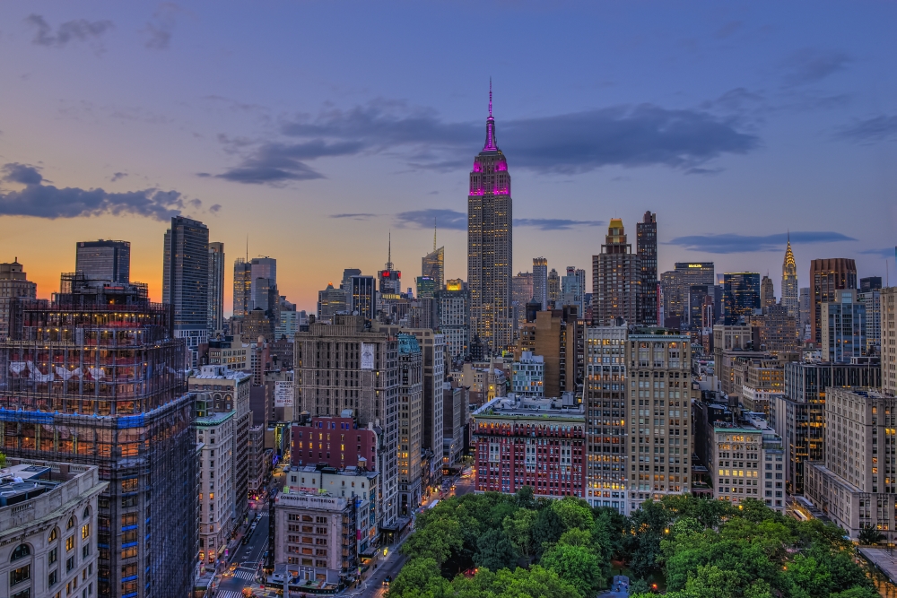 Empire State Building at Sunset with Colors Honoring The Military Order of The Purple Heart - New York City 3 Poster Print - 36 x 24 in. - Large