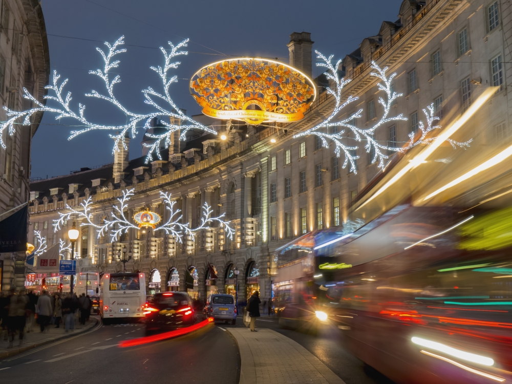 Regent Street Decorated for Christmas - London England Poster Print - 17 x 13 in.