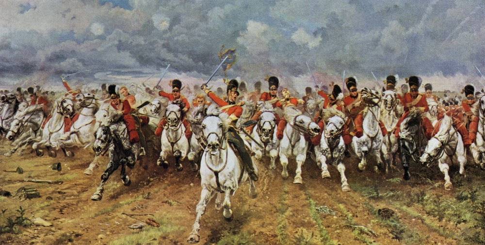 Picture of   Scotland Forever. The Royal Scots Greys Charge At Waterloo. Painting by Lady Elizabeth Butler From The Worlds Greatest Paintings Published by Odhams Press London 1934 Poster Print&#44; 20 x 10