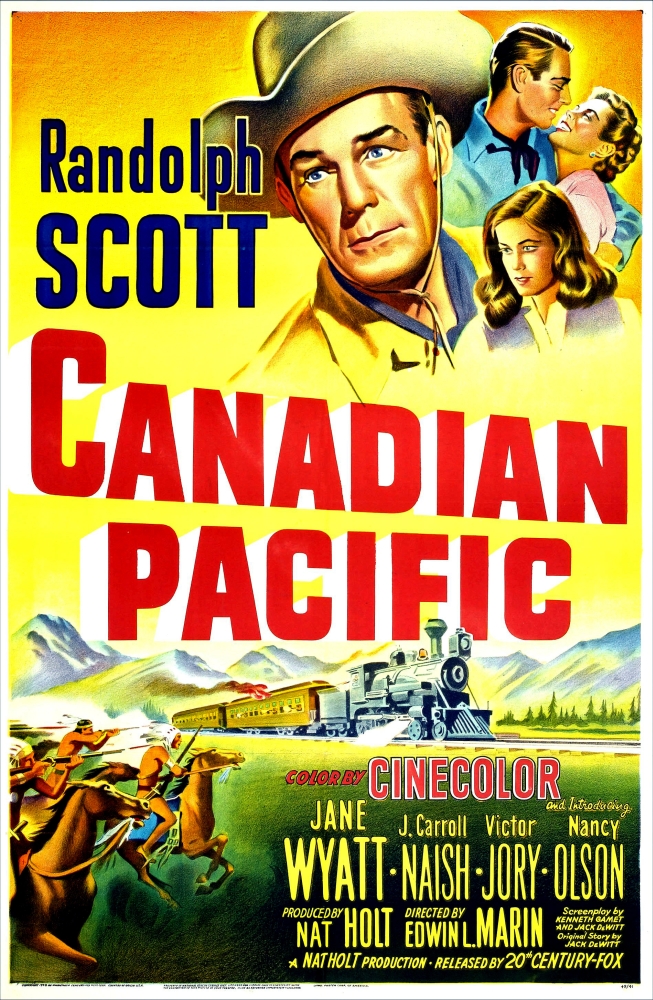 Picture of   Canadian Pacific US Poster Top Right Clockwise - Randolph Scott Jane Wyatt Nancy Olson 1949 Tm & Copyright 20th Century Fox Film All Rights Reserved & Courtesy  Movie Poster Masterprint&#44; 11 x 17