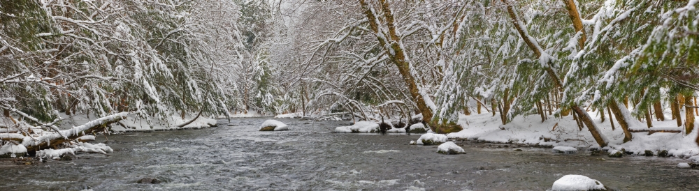 Water Flowing in A River with Snow Covered Shoreline - Fulford Quebec Canada Poster Print - 41 x 11 in.