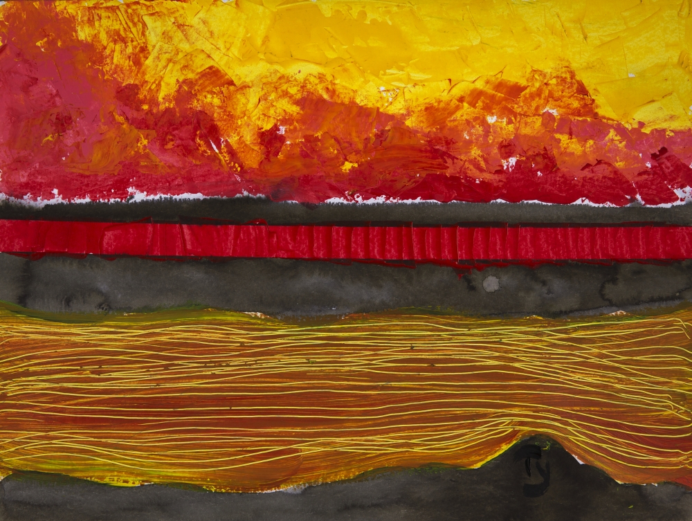 Painting of A Colourful Sunset Reflected in Water & The Horizon Poster Print - 17 x 13 in.