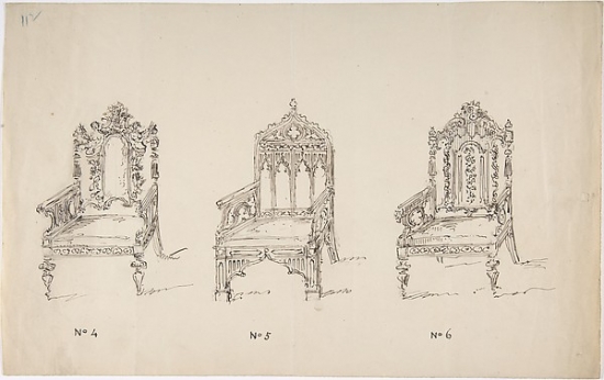 Design for Three Low Gothic Or Renaissance Style Arm Chairs Poster Print by Anonymous British 19th Century - 18 x 24