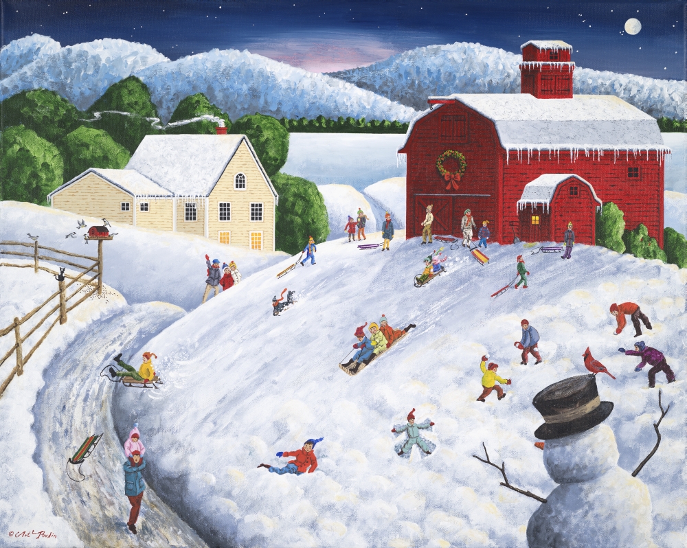 Sledding Before Supper Poster Print by Art Poulin, 15 x 12