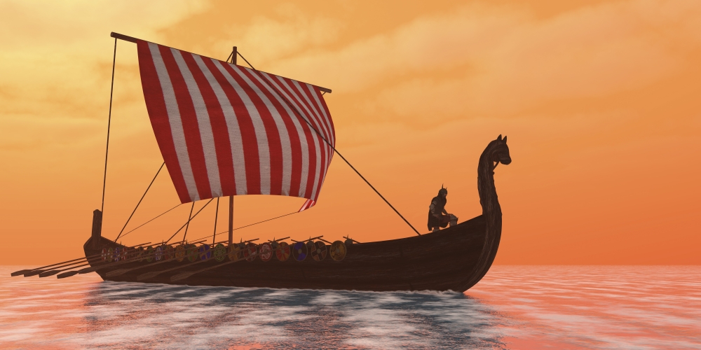 A Viking Longboat Sails Through Calm Ocean Waters To Their Destinations for Trade Goods Poster Print, 10 x 5