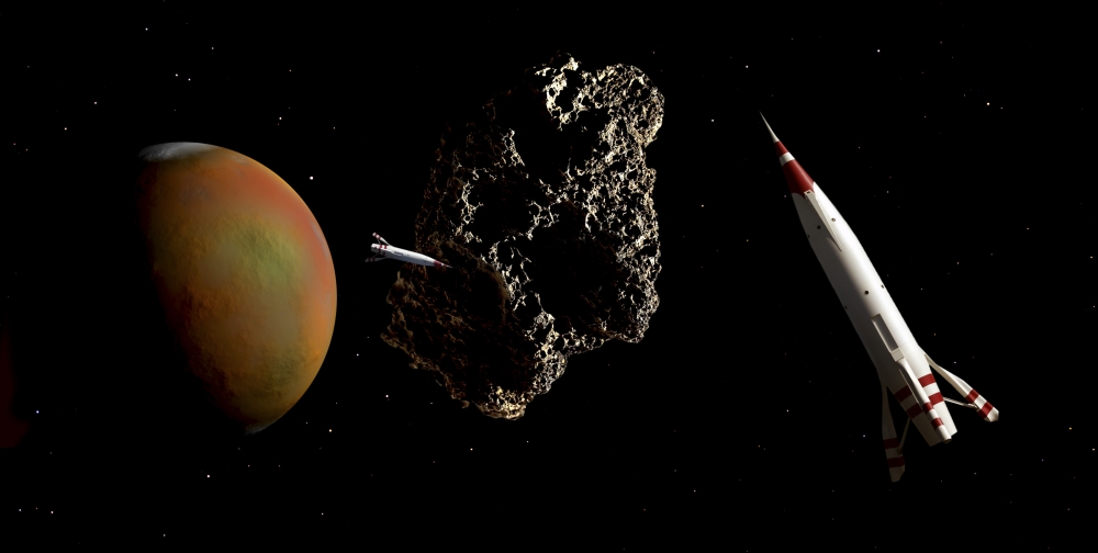 Two 1950s Styled Spaceships Rendezvous Near Mars & Its Moon Deimos Poster Print 20 x 10