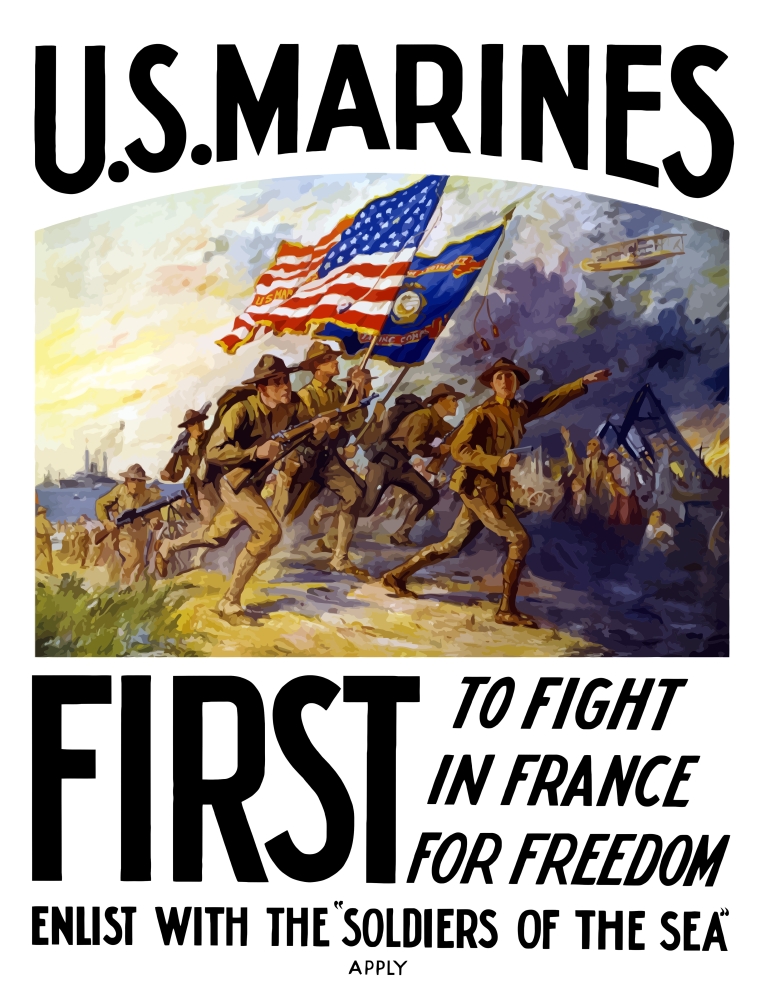 World War One Poster of US Marines Charging Forward During A Battle Poster Print, 12 x 16