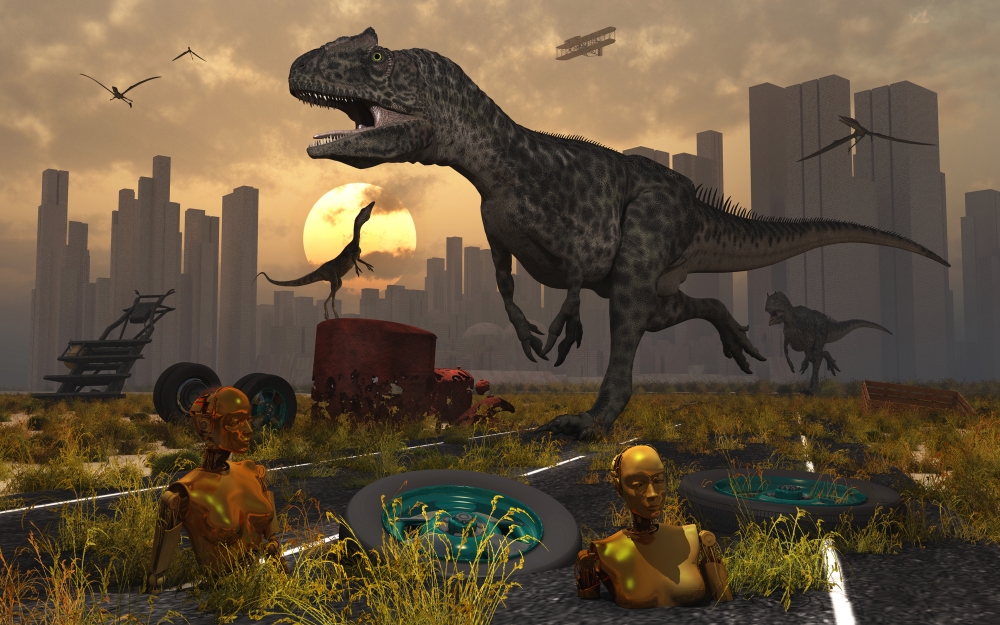 StockTrek Images PSTMAS100064P Dinosaurs Run Wild & Robotic Androids Melt Into The Highway Poster Print, 17 x 11