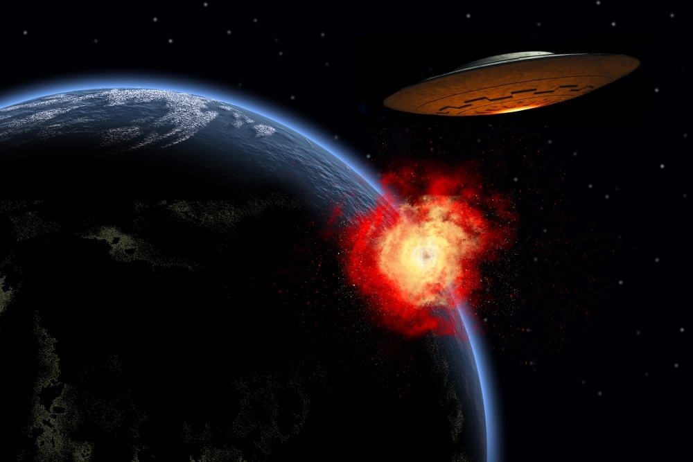 An Orbiting Ufo Launches A Deadly Attack Upon The Surface of Earth Poster Print - 17 x 11