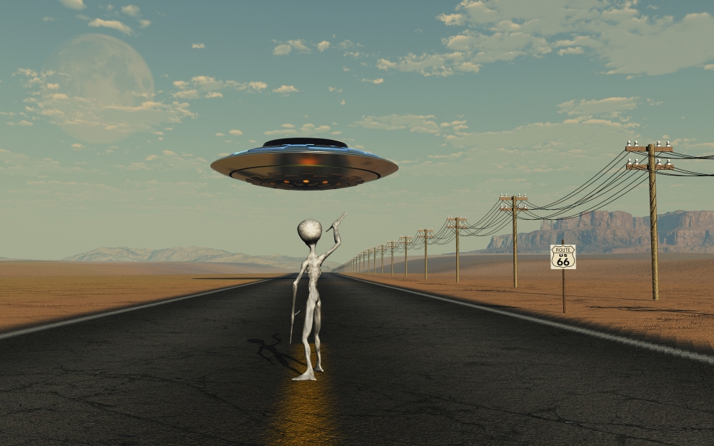 Picture of StockTrek Images PSTMAS200027S A Grey Alien Hitching A Ride From A Passing Ufo Poster Print, 18 x 11
