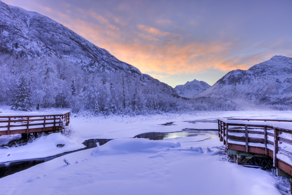 Colorful Sunrise Over A Stream & The Salmon Viewing Deck at The Eagle River Nature Center in Chugach State Park South Poster Print - 19 x 12 in.