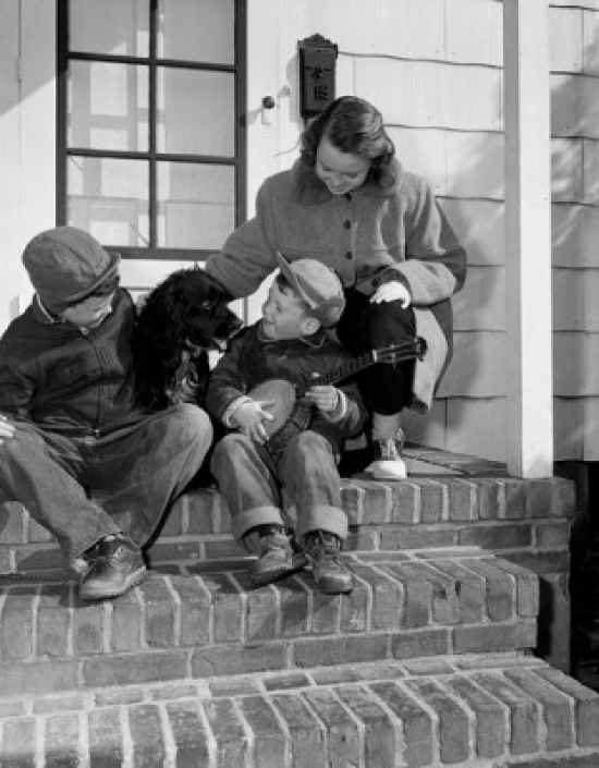 Children Sitting with Dog On Steps Poster Print - 24 x 36 - Large