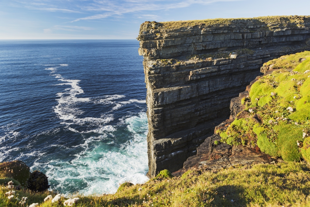 Cliff Face Rock Formation in Ocean with Waves Blue Sky & Clouds - Kilkee County Clare Ireland Poster Print - 38 x 24 in. - Large