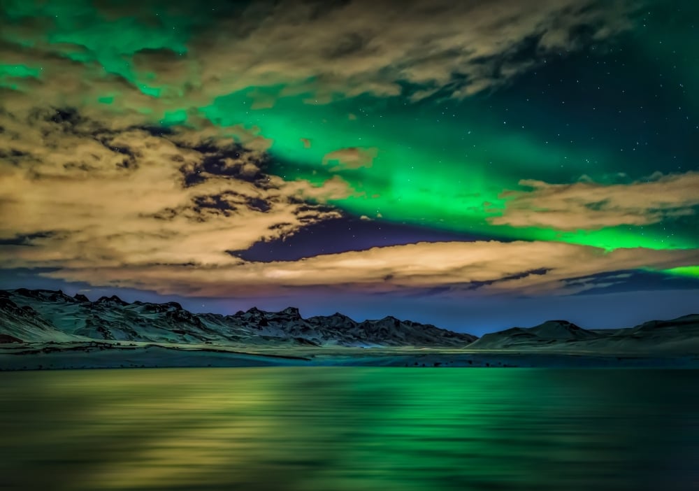 Cloudy Evening with Aurora Borealis Or Northern Lights Kleifarvatn Iceland Poster Print - 18 x 24