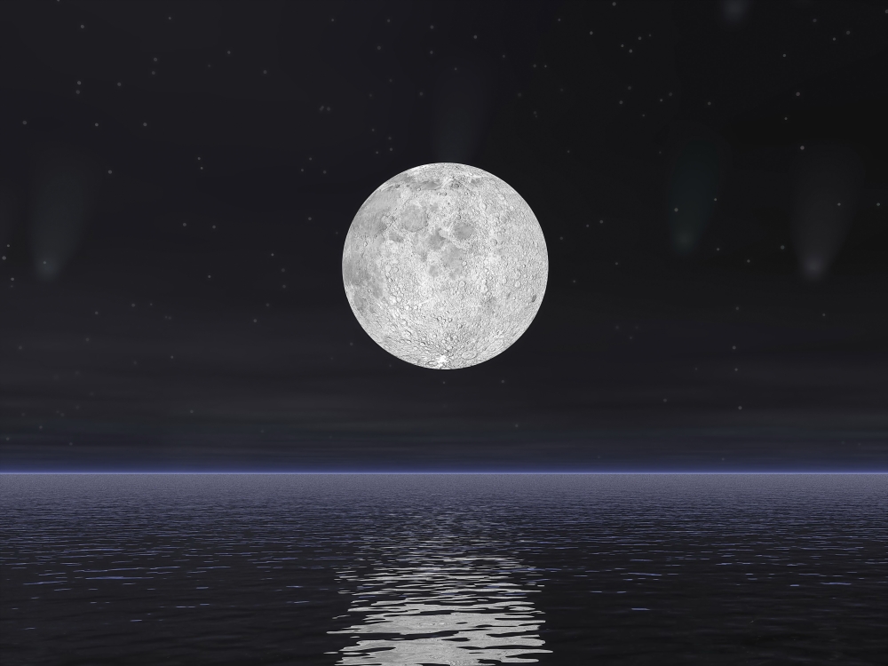 Beautiful Full Moon On A Dark Night with Stars & Comets Over The Ocean Poster Print - 32 x 24 - Large