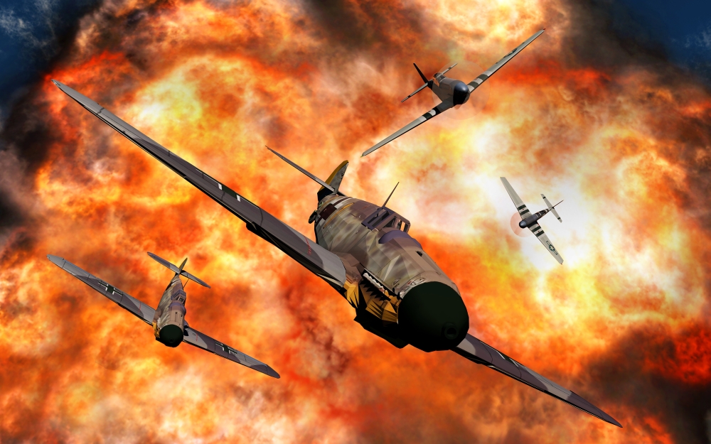 American P-51 Mustangs Involved in Aerial Combat with German Messerschmitt Bf109 Fighter Planes Poster Print, 18 x 11