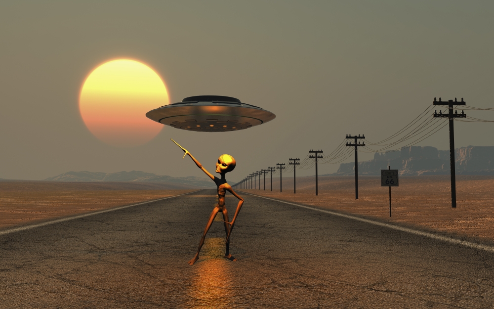 Picture of StockTrek Images PSTMAS200030S A Grey Alien Hitching A Ride From A Passing Ufo Poster Print&#44; 18 x 11