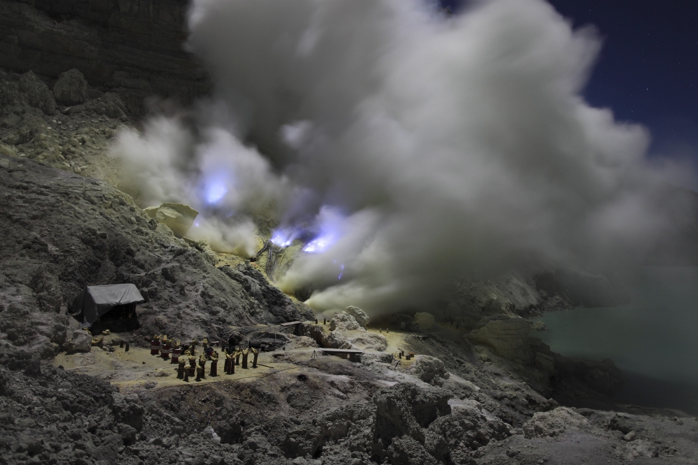 August 12 2011 - Burning Sulphur in Mining Area On Kawah Ijen Volcano Java Indonesia Poster Print, 17 x 11
