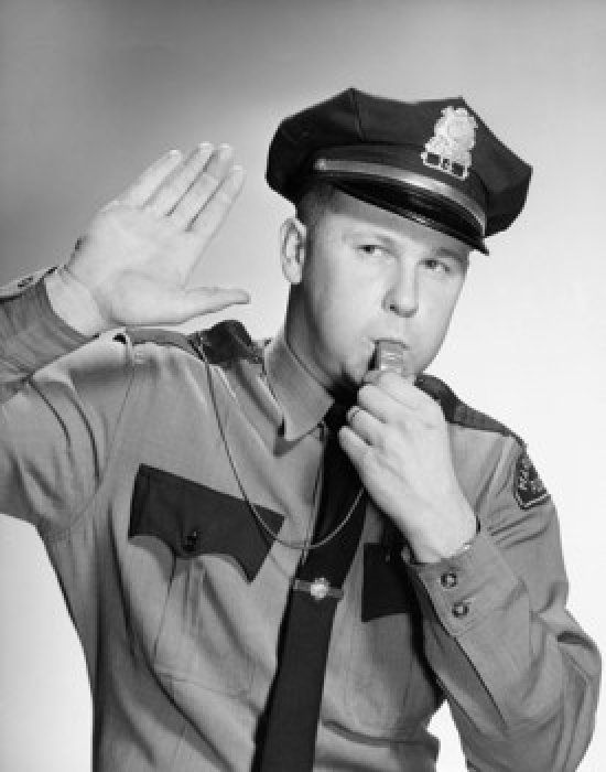 Police Officer Blowing A Whistle & Making A Stop Gesture Poster Print - 18 x 24