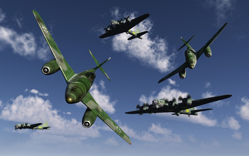 A Pair of German Messerschmitt Me 262 Jetfighters Attacking American B-17 Flying Fortress Bombers Over Nazi Occupied Europe Poster Print - 18 x 11