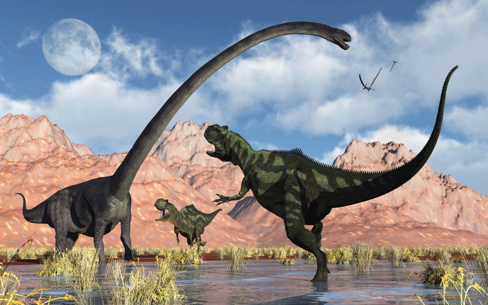 A Pair of Carnivorous Yangchuanosaurus Dinosaurs Confront An Omeisaurus Dinosaur in What is Modern Day China Poster Print, 18 x 11