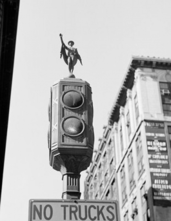USA New York State New York City Figure of Mercury On The Top of Traffic Signal Light Along Fifth Avenue Poster Print