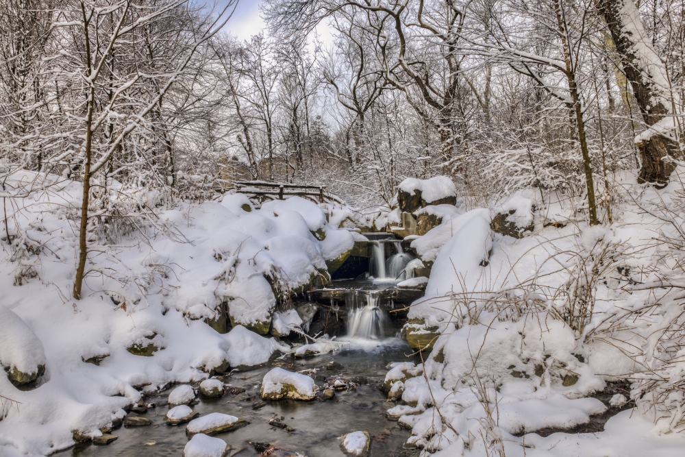 DPI12275727LARGE Waterfall Under Snow-Covered Rustic Bridge Central Park - New York City United States of America Poster Print - 38 x 24 in. - Large
