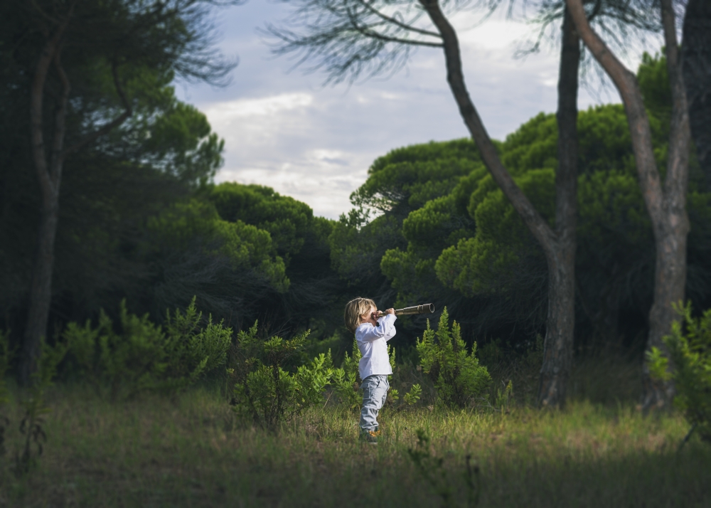 DPI12270832 A Young Boy Looks Through A Telescope Standing in The Grass - Tarifa Cadiz Andalusia Spain Poster Print - 18 x 13 in.