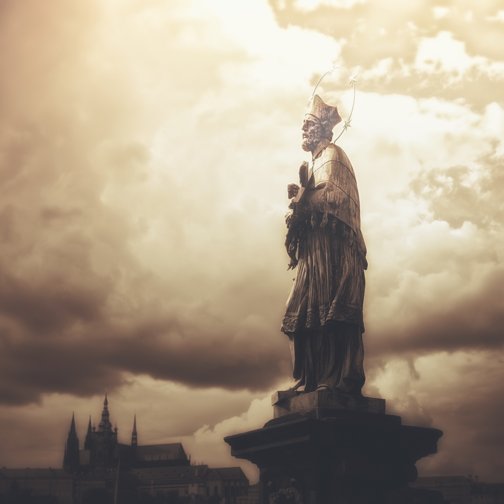 Statue on Karl Bridge - Prague Czech Republic Poster Print - 16 x 16 in.