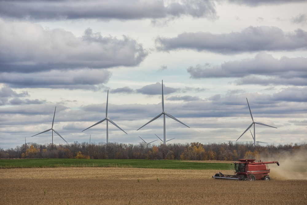 A Combine Harvests Soybeans While Wind Turbines Spin in The Distance - Strathroy Ontario Canada Poster Print - 19 x 12 in.