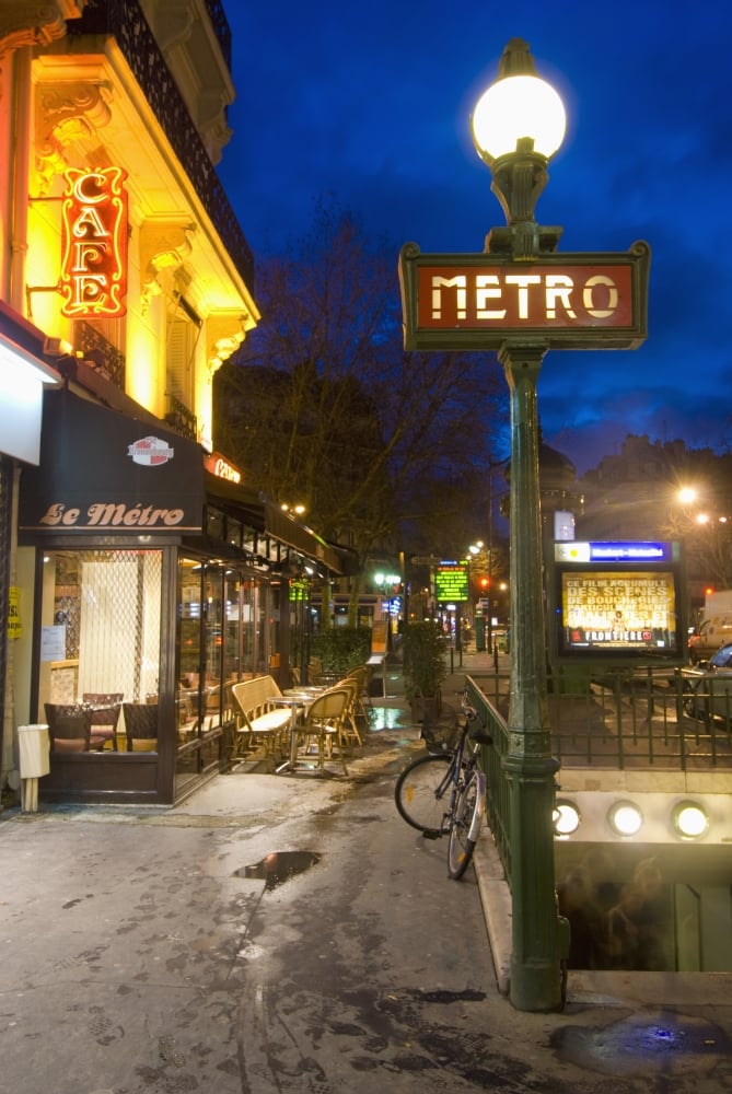DPI1926700 Maubert-Mutualite Metro Station & Cafe At Dawn in The Latin Quarter, Quartier Latin On The Left Bank Paris France Poster Print, 12 x 19