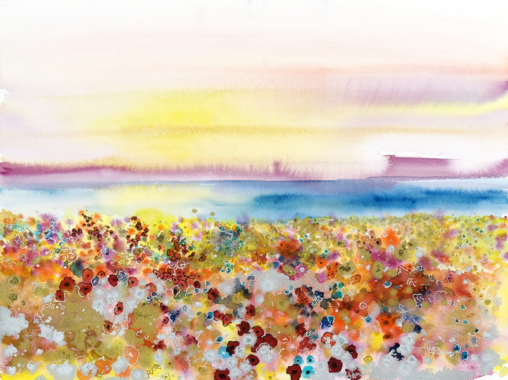 DPI1973841 Field of Joy Abstract Landscape of Bejeweled Field of Flowers, Watercolor Painting Poster Print, 16 x 12