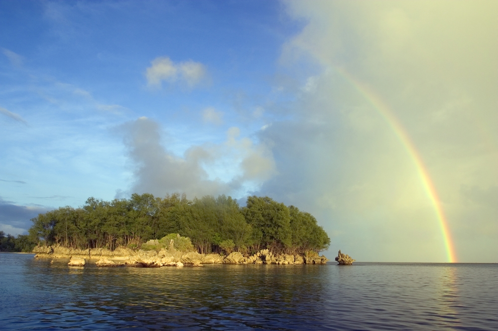 DPI1989902 Micronesia Palua Rainstorm Approaches A Small Island Rainbow Overhead Poster Print, 17 x 11