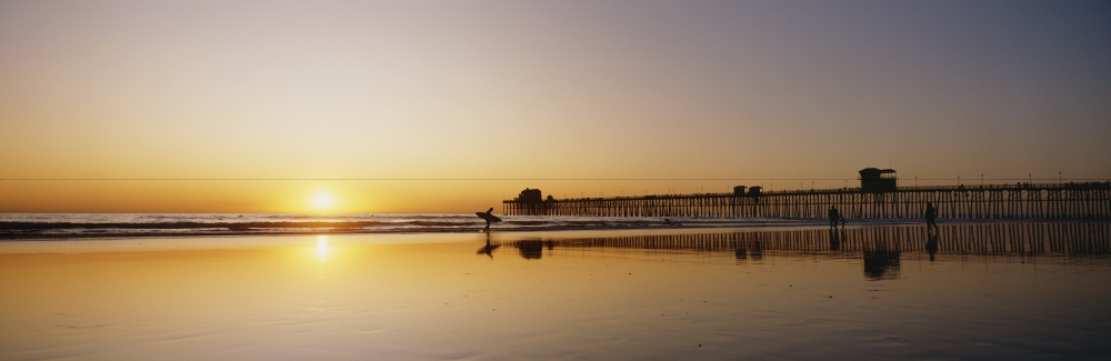DPI1976425 USA Reflections On Beach - California Oceanside Pier & Surfers Silhouetted Against Sunset Poster Print, 29 x 9