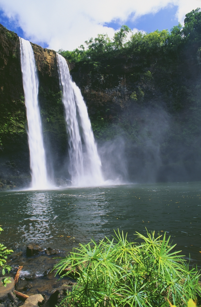 DPI1993749 Hawaii Kauai Wailua State Park Three Waterfalls Empty Into Same Pool Poster Print, 12 x 19