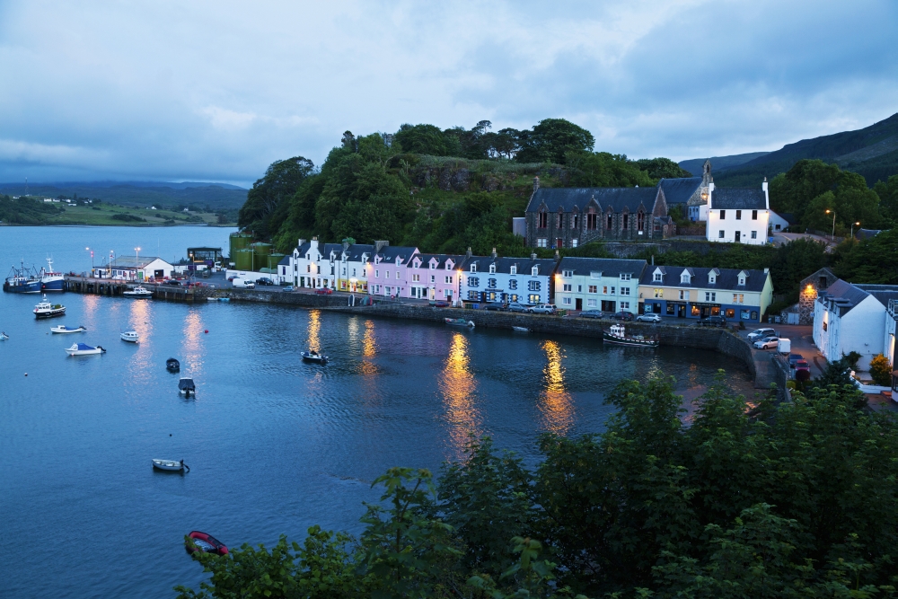 DPI2429564 Colourful Houses & Boat in The Harbour At Dusk - Portree Isle of Skye Scotland Poster Print, 19 x 12