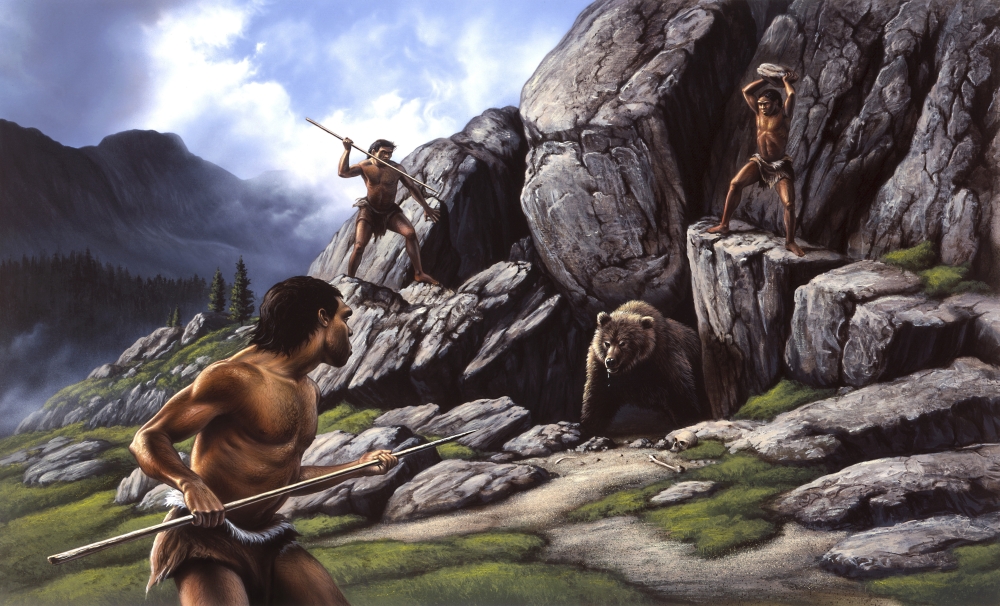 Neanderthals Hunt A Cave Bear Poster Print, 18 x 11