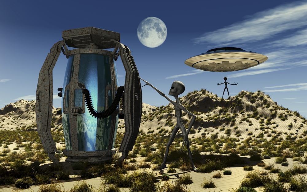 Grey Aliens Tending To A Storage Container Used To Transport Organic Specimens Poster Print, 36 x 22 - Large