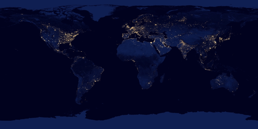 Flat Map of Earth Showing City Lights of The World At Night Poster Print, 20 x 10